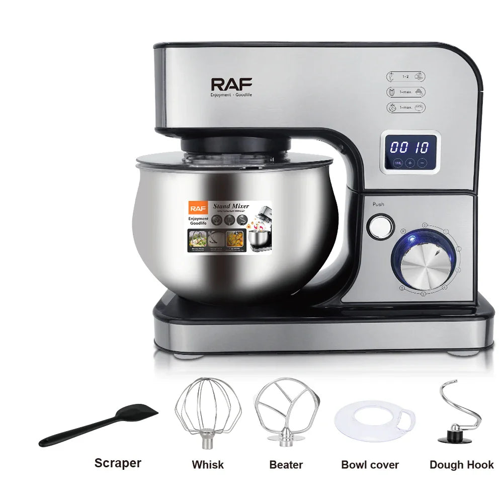 RAF 3-in-1 Stand Mixer – 5L Stainless Steel Bowl, 6 Speeds, Digital Display, R.6606