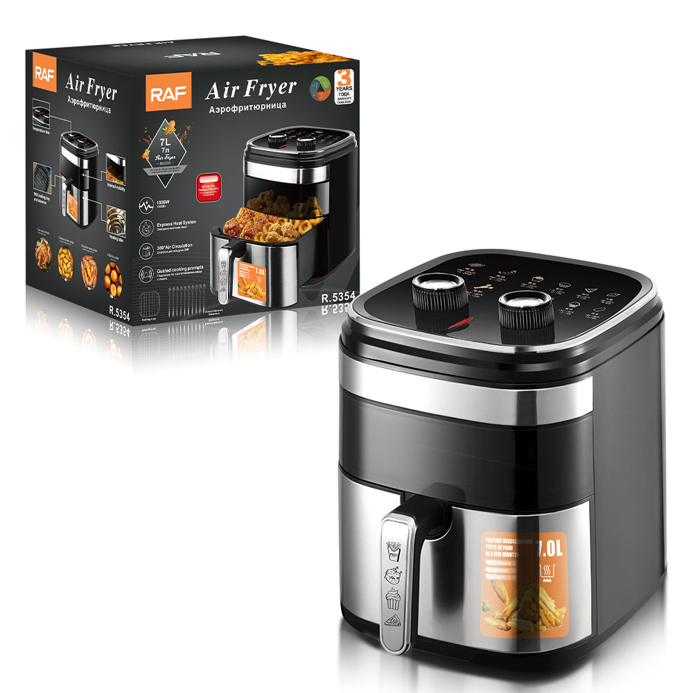 RAF air fryer with packaging on a white background