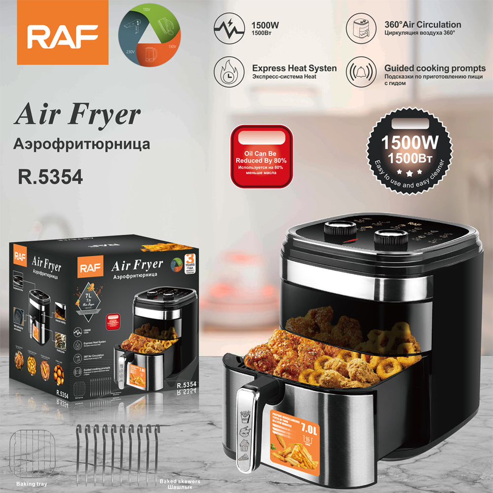 RAF air fryer with packaging and features displayed on a blurred background