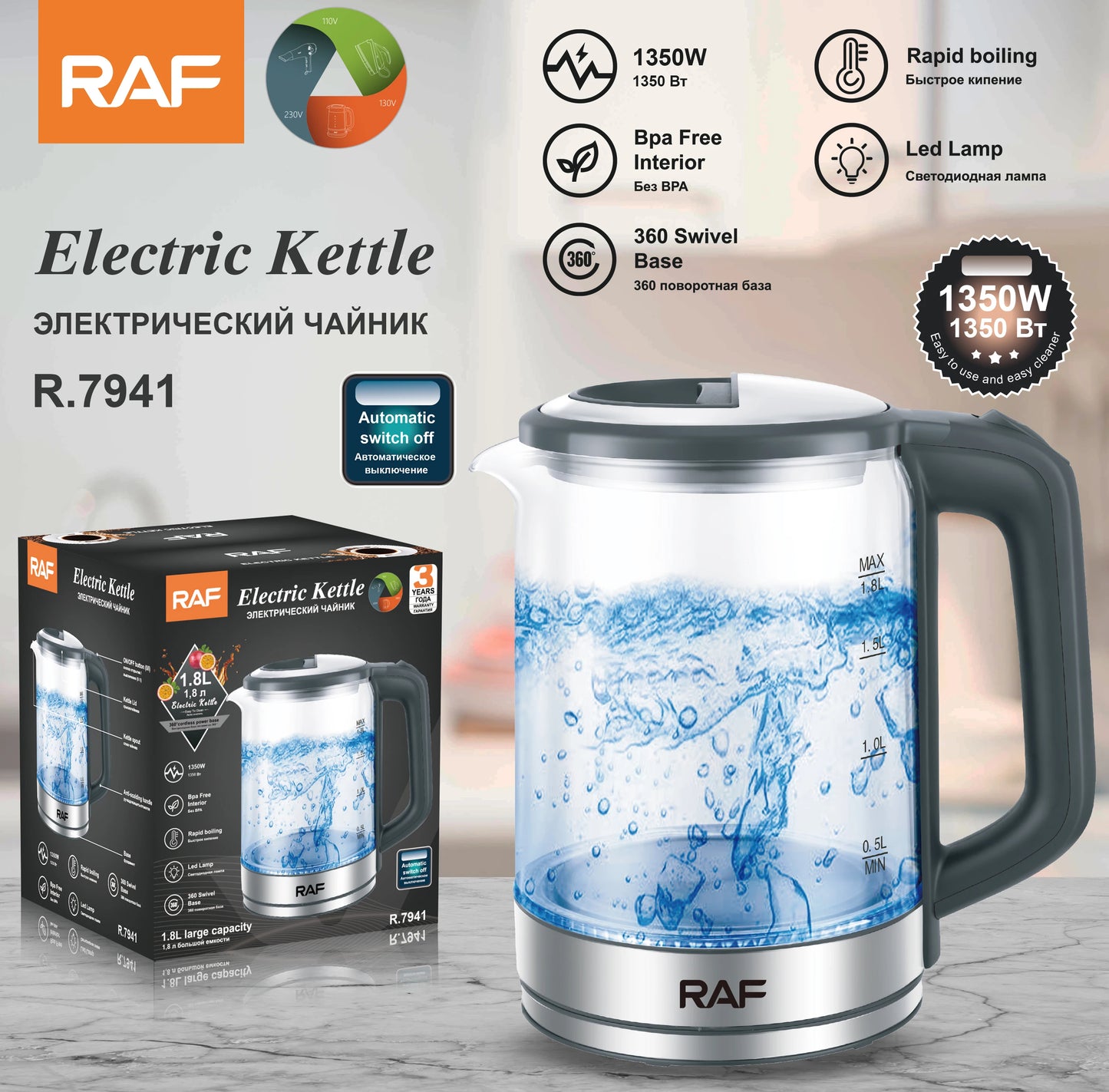 RAF Electric Kettle 1.8L – Stainless Steel Fast Boil Water Kettle – Model R.7941