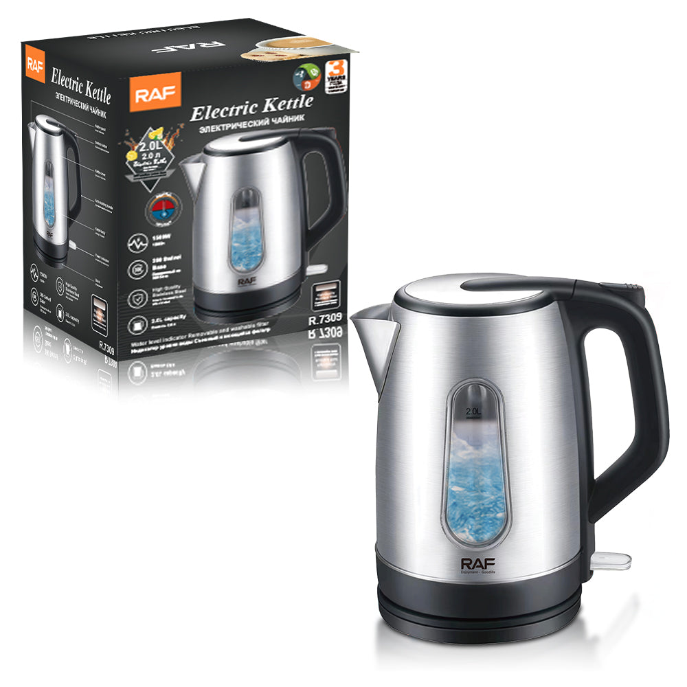 RAF electric kettle with packaging on a white background