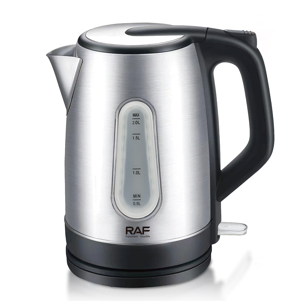 Silver electric kettle with black handle on a white background