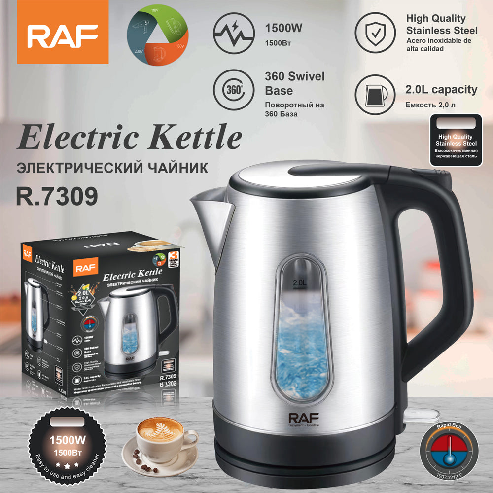RAF electric kettle with packaging on a light background