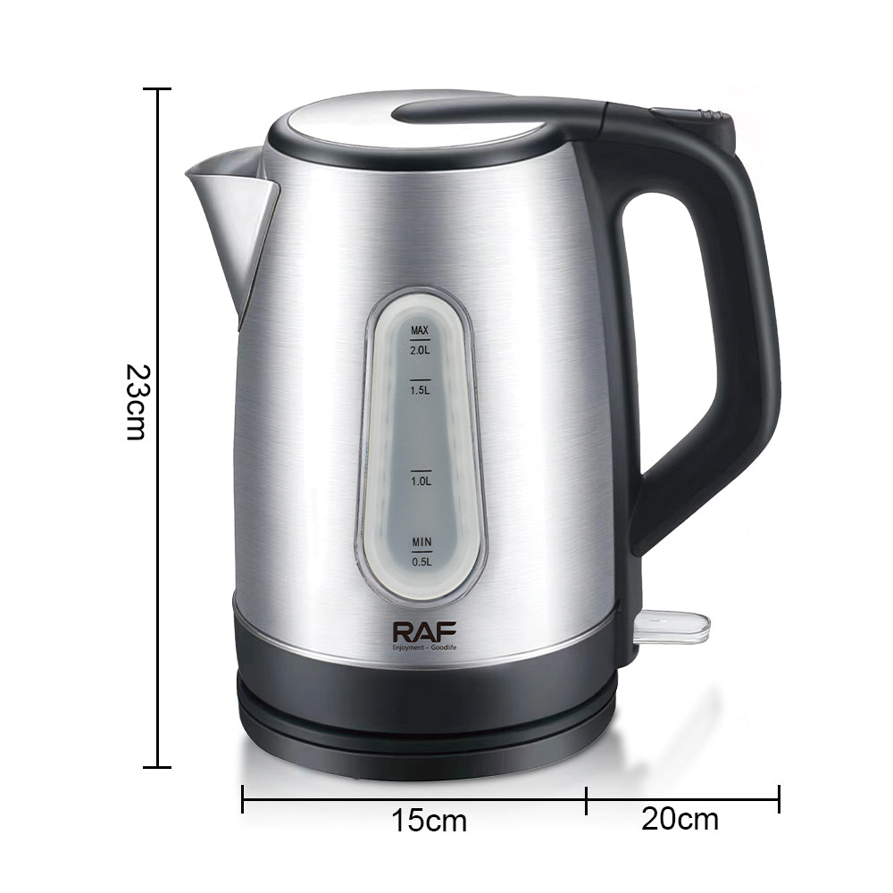 Stainless steel electric kettle with black handle and RAF branding, shown with dimensions on a white background.