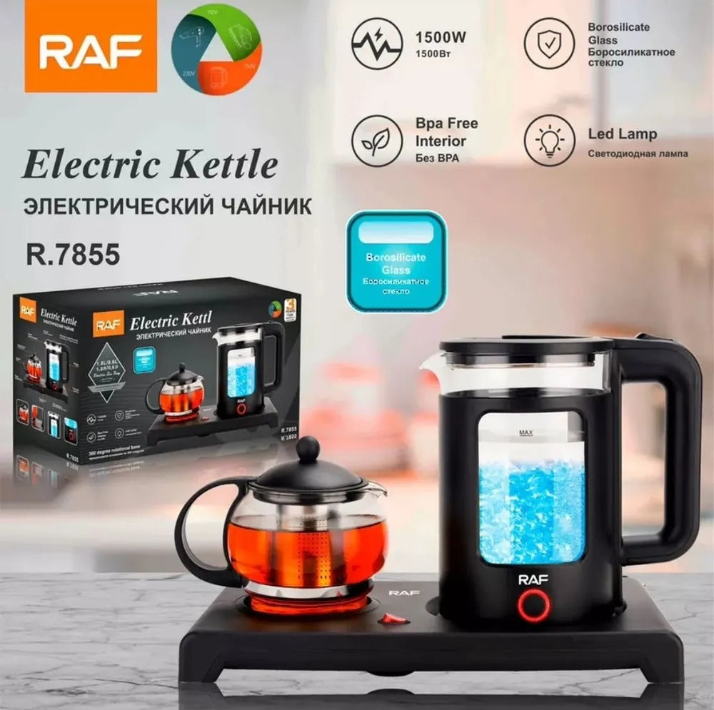RAF electric kettle with packaging and tea inside, on a blurred background