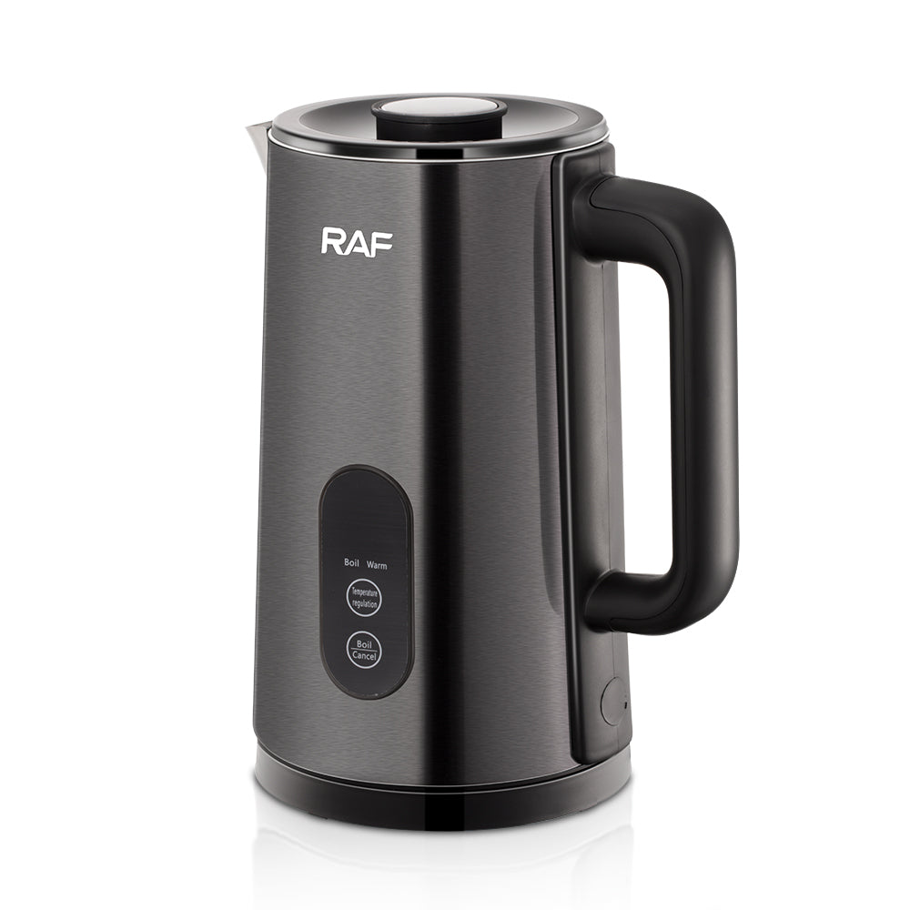Black electric kettle with RAF branding on a white background