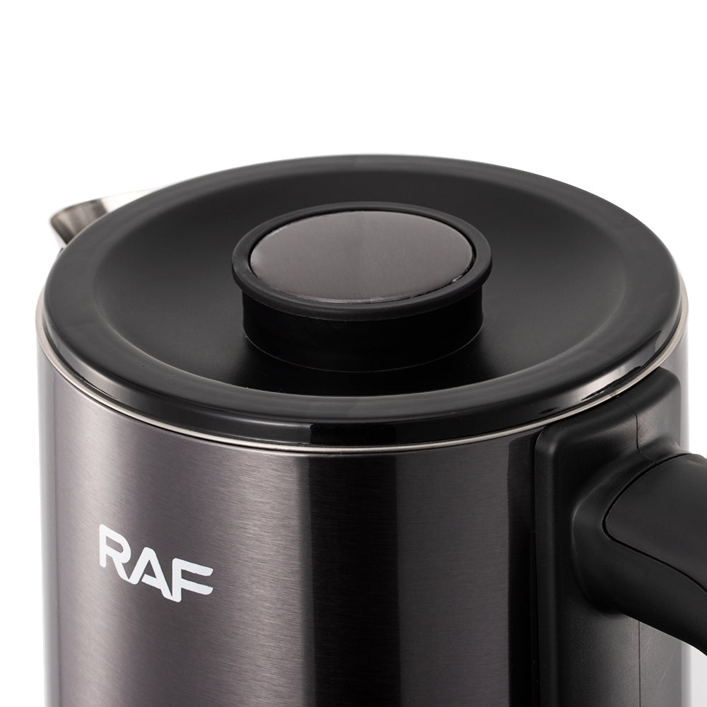 Stainless steel mug with black lid and RAF logo on a white background