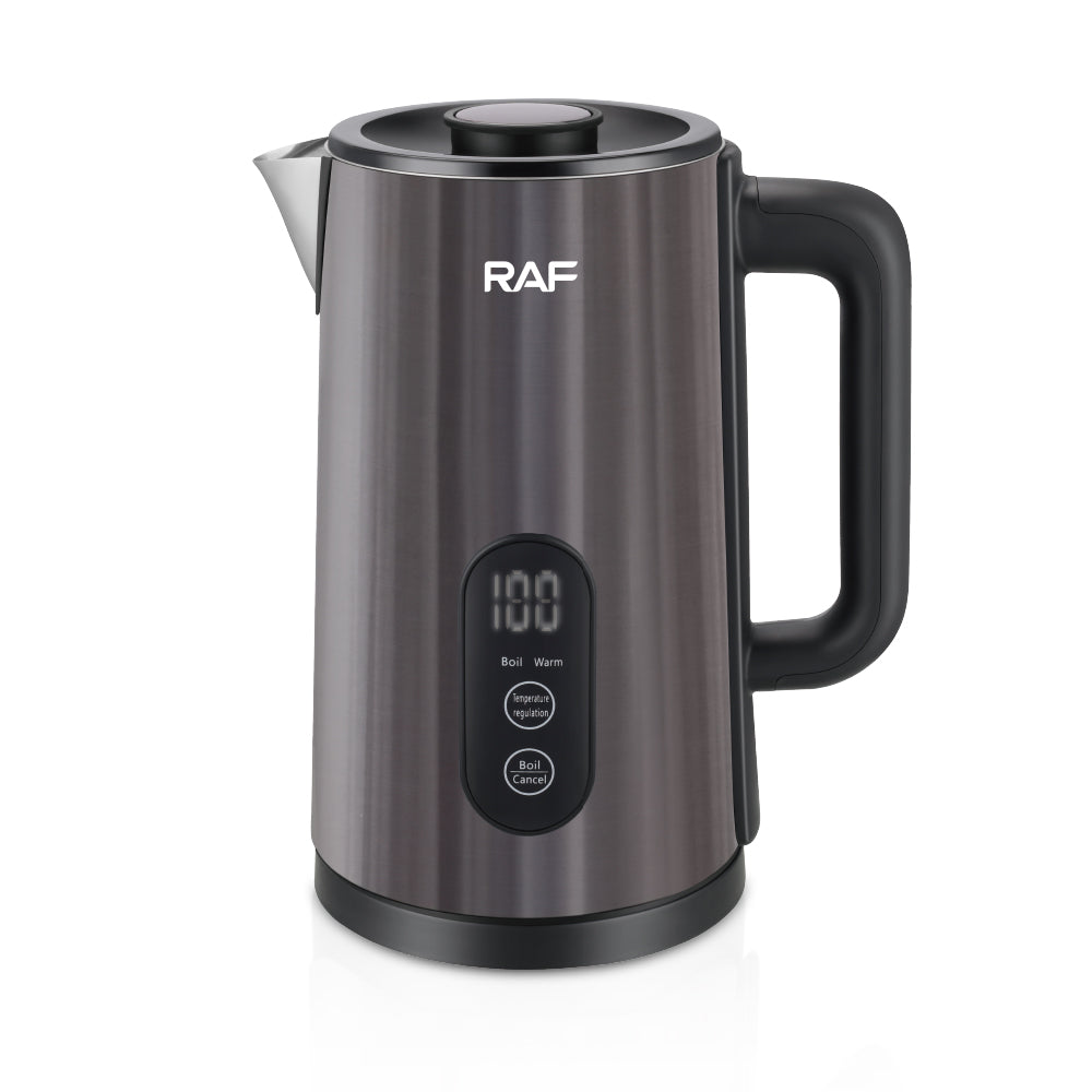 Gray electric kettle with digital display on a white background
