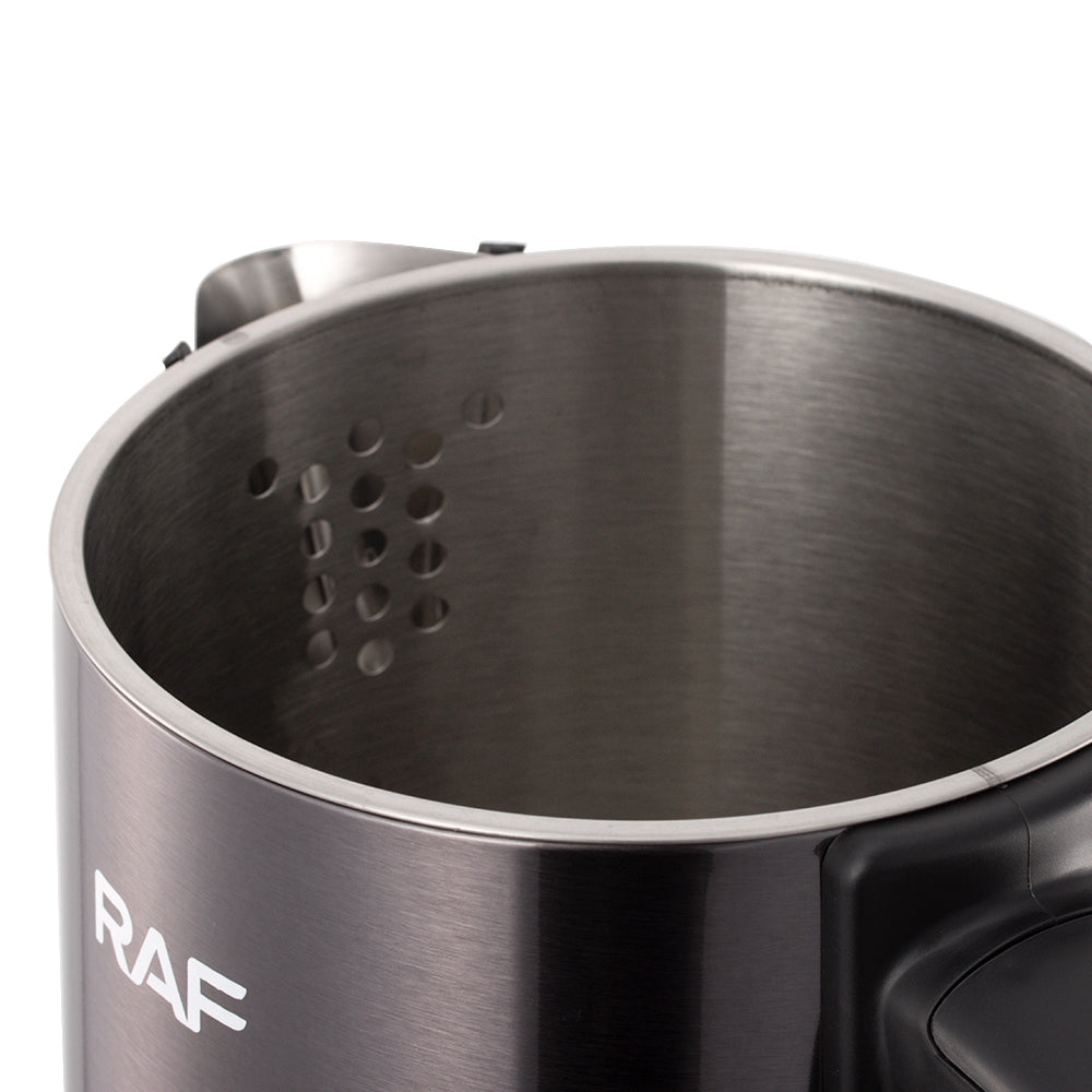 Stainless steel pot with RAF branding on a white background