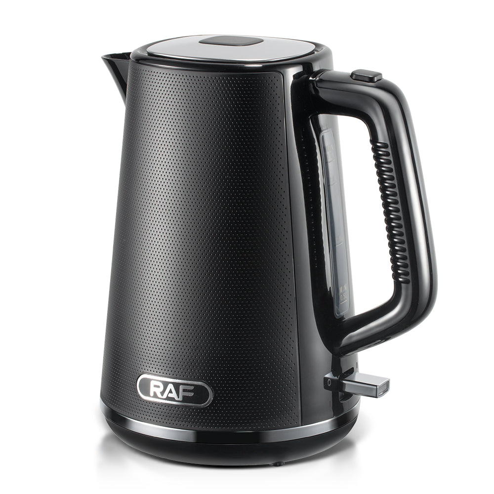 Black electric kettle with RAF branding on a white background