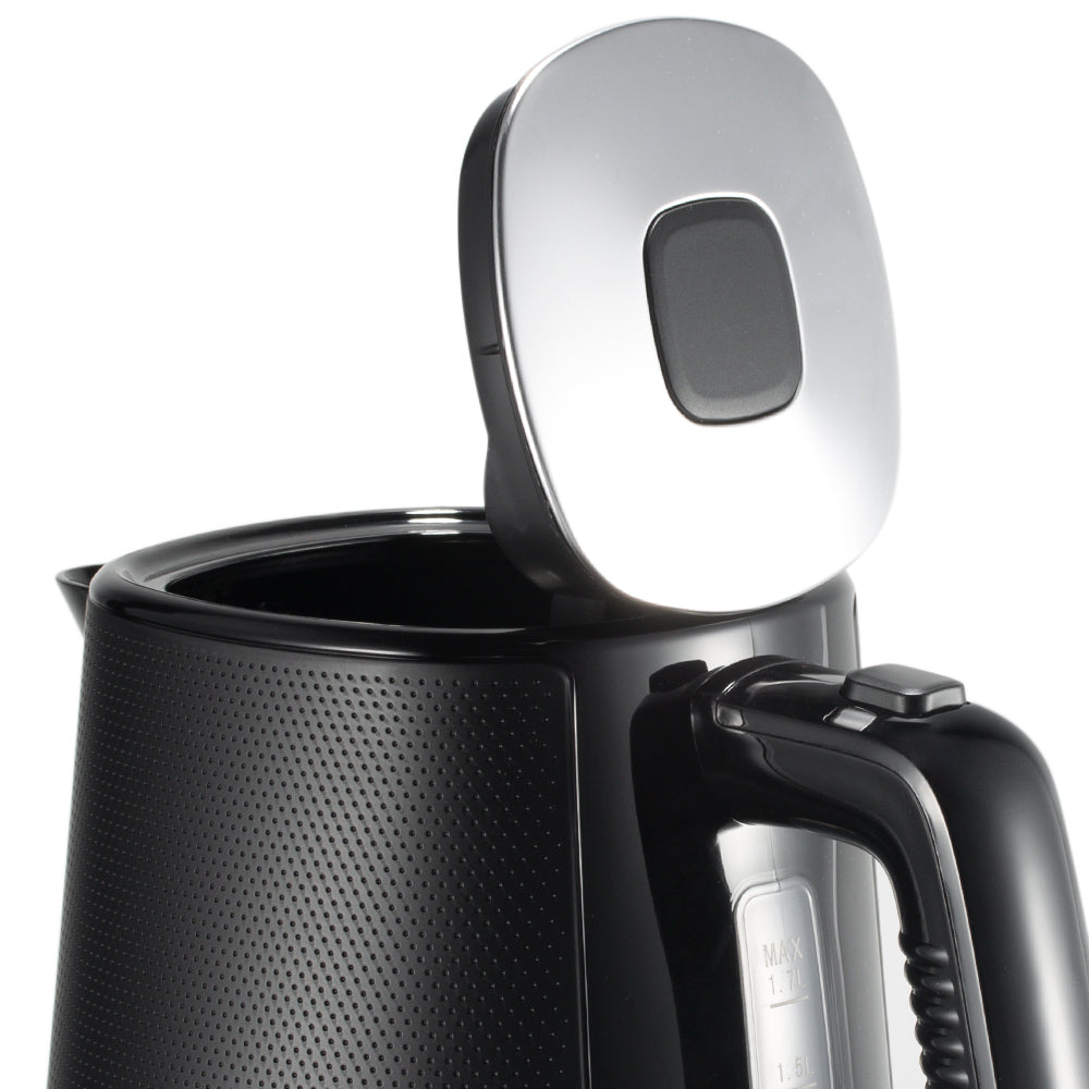 Black electric kettle with a silver lid on a white background