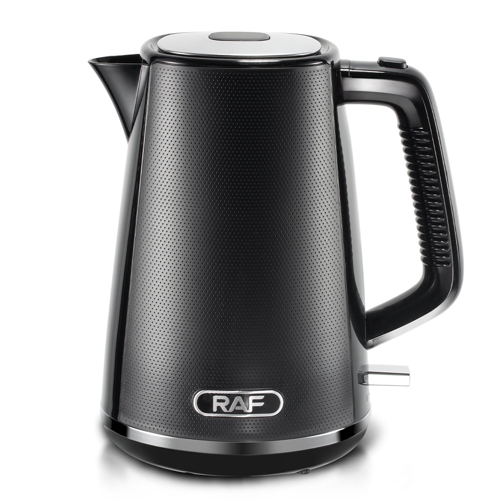 Black electric kettle with RAF branding on a white background