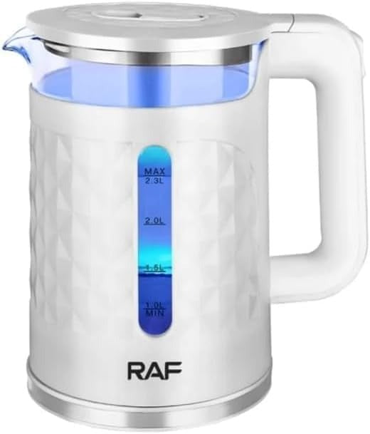White electric kettle with measurement scale and RAF branding on a white background