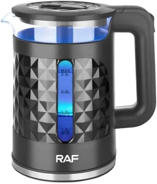 Electric kettle with geometric design and RAF branding on a white background