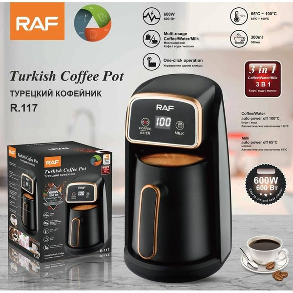 RAF R.117 Digital Turkish Coffee Maker – 600W, Black, Automatic Brewing Machine