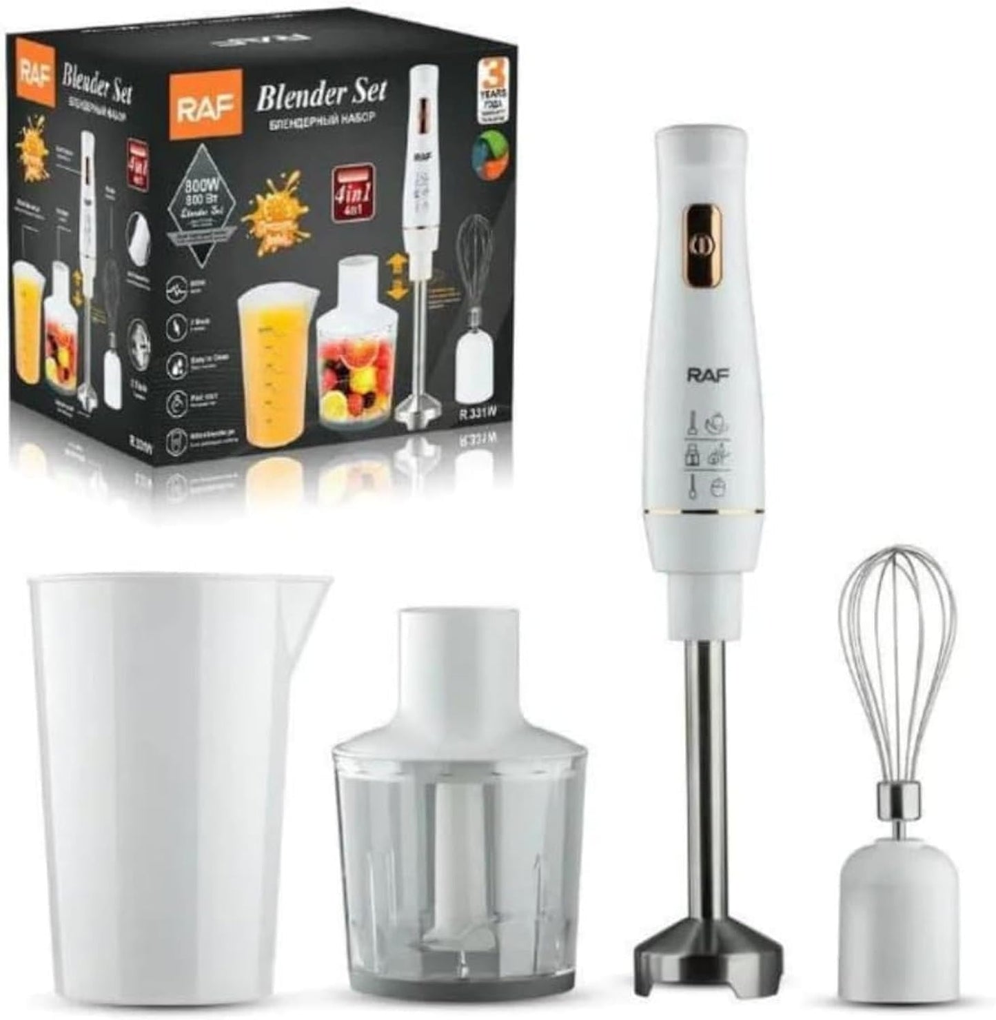 RAF R.298 4-in-1 Hand Blender Set, 800W Powerful Motor, Stainless Steel Stick Blender with Chopper, Whisk & Measuring Cup – Silver