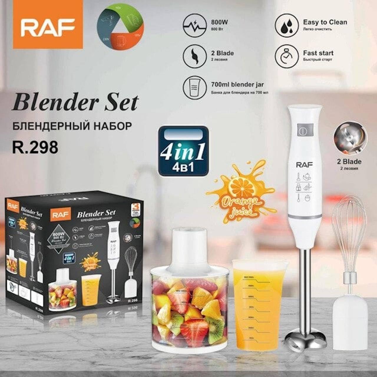 RAF R.298 4-in-1 Hand Blender Set, 800W Powerful Motor, Stainless Steel Stick Blender with Chopper, Whisk & Measuring Cup – Silver