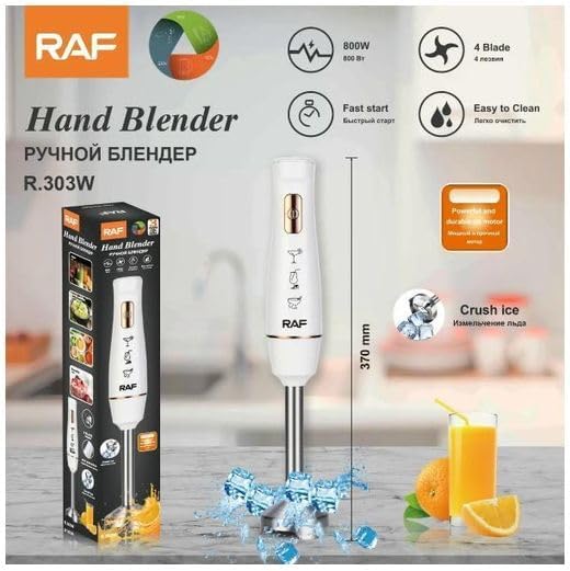 RAF R.303W/B Hand Blender, 800W Stainless Steel Immersion Blender, 4 Sharp Blades, Grinder & Mixer