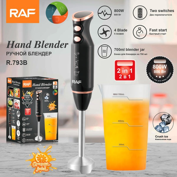 RAF R.793 2-in-1 Hand Blender, 800W Powerful Stainless Steel Stick Blender with Chopper & Beaker