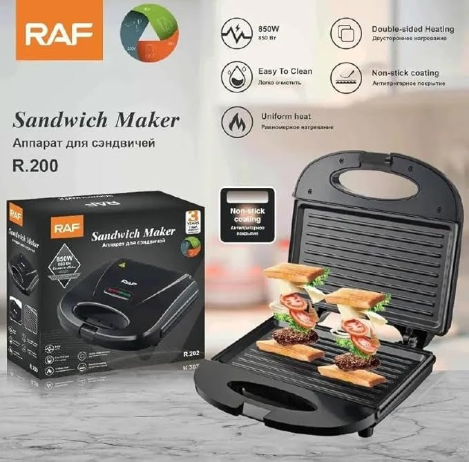 RAF Sandwich Maker R.200, 850 Watt, 220v, 50Hz, Black
