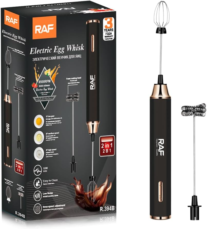 RAF 2-in-1 Electric Rechargeable Milk Frother & Egg Whisk, 10W, 3-Speed Handheld Mixer, Gold R.394G/B