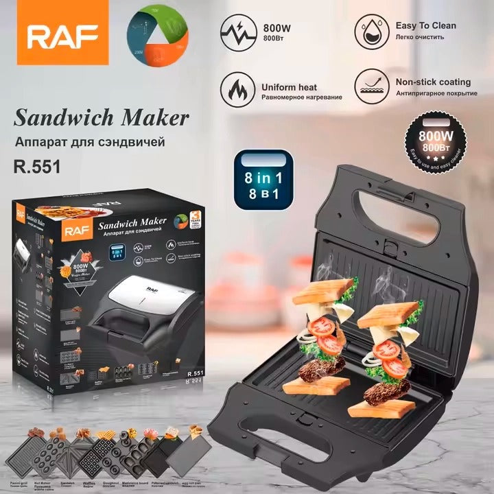 Rav Sandwich Maker, 8 Interchangeable Plates, 800 Watts, R.551 - Black