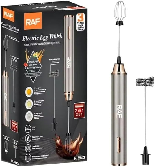 RAF 2-in-1 Electric Rechargeable Milk Frother & Egg Whisk, 10W, 3-Speed Handheld Mixer, Gold  R.394G/B
