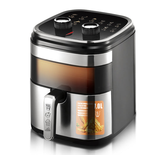 Black and silver air fryer on a white background