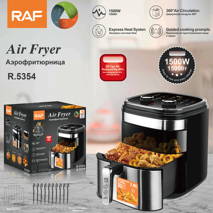 RAF air fryer with packaging and features displayed on a blurred background