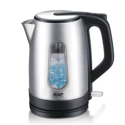 Silver electric kettle with a black handle on a white background