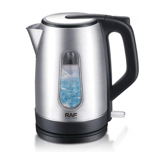 Silver electric kettle with a black handle on a white background