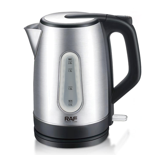 Silver electric kettle with black handle on a white background