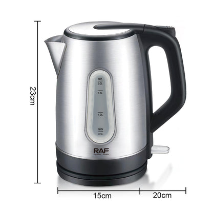 Stainless steel electric kettle with black handle and RAF branding, shown with dimensions on a white background.