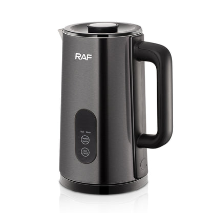 Black electric kettle with RAF branding on a white background