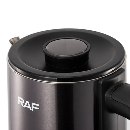 Stainless steel mug with black lid and RAF logo on a white background