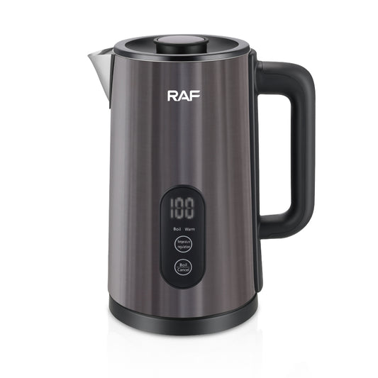 Gray electric kettle with digital display on a white background