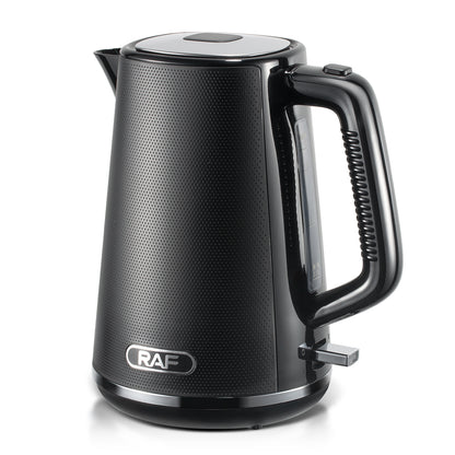 Black electric kettle with RAF branding on a white background