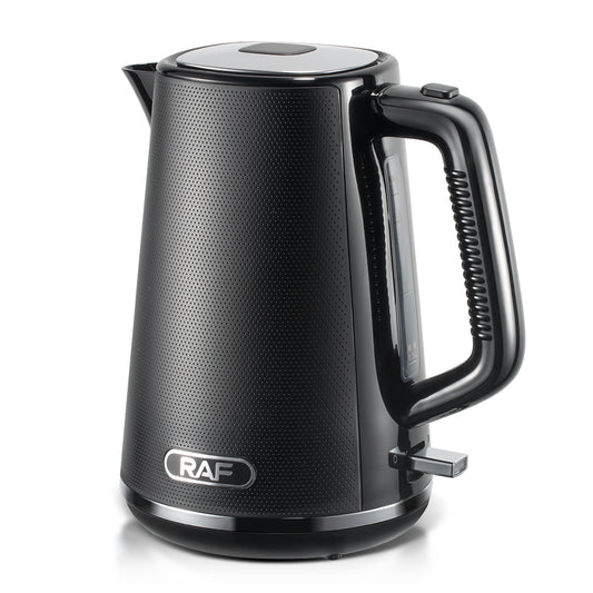 Black electric kettle with RAF branding on a white background