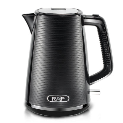 Black electric kettle with RAF branding on a white background