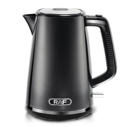 Black electric kettle with RAF branding on a white background