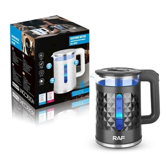 Black electric kettle with geometric design next to its packaging box on a white background