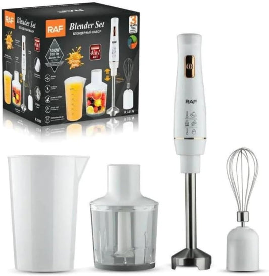 RAF R.298 4-in-1 Hand Blender Set, 800W Powerful Motor, Stainless Steel Stick Blender with Chopper, Whisk & Measuring Cup – Silver