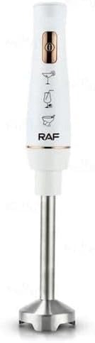White handheld blender with stainless steel shaft on a white background, featuring the RAF brand.