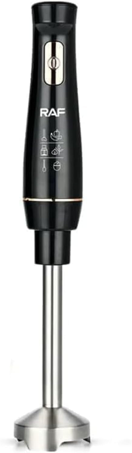 Black and silver immersion blender with RAF branding on a white background
