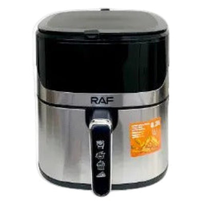Stainless steel and black air fryer with visible RAF branding on a white background