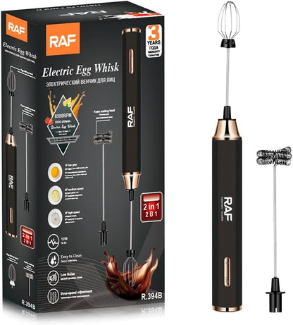 RAF 2-in-1 Electric Rechargeable Milk Frother & Egg Whisk, 10W, 3-Speed Handheld Mixer, Gold  R.394G/B