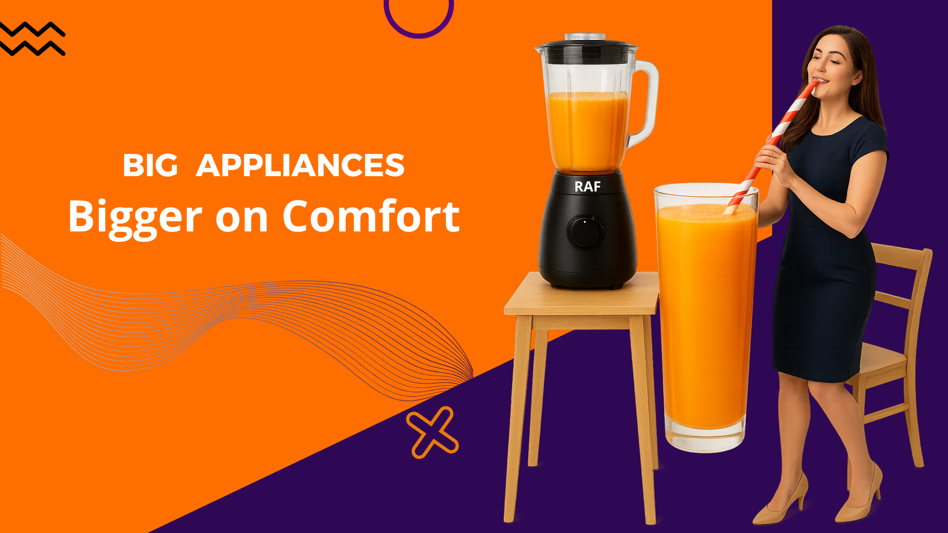 Woman enjoying a smoothie next to a blender with 'Raf' branding on an orange and purple background. utopia store